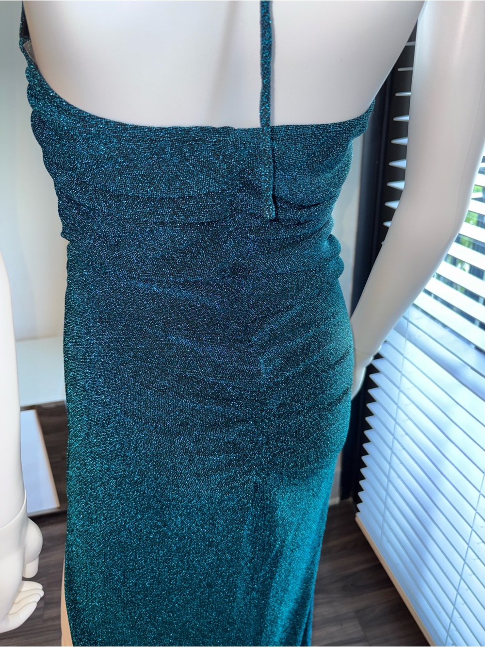 Emerald Green Shimmer Cut Out Maxi Dress Open Back Slit Sexy L - Picture 11 of 13